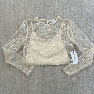 NWT Jason Wu Sequin Sheer Long Sleeve Crop Top Blouse XS